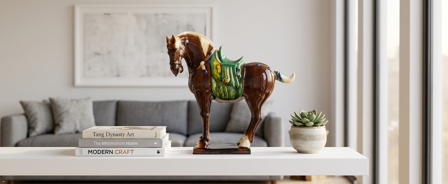Large Tang Dynasty Tangsancai Glazed Ceramic Horse Statue Brown 11in