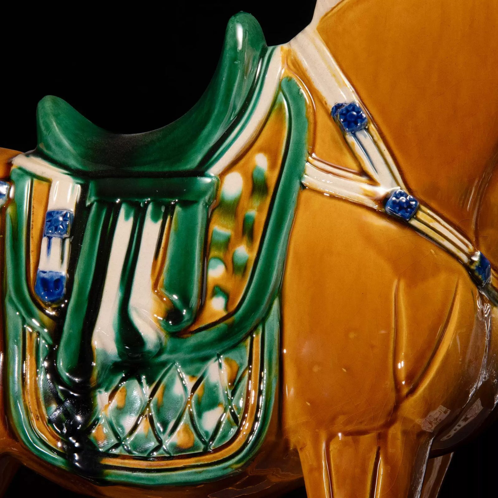 Large Tang Dynasty Tangsancai Glazed Ceramic Horse Statue Amber 16in 5