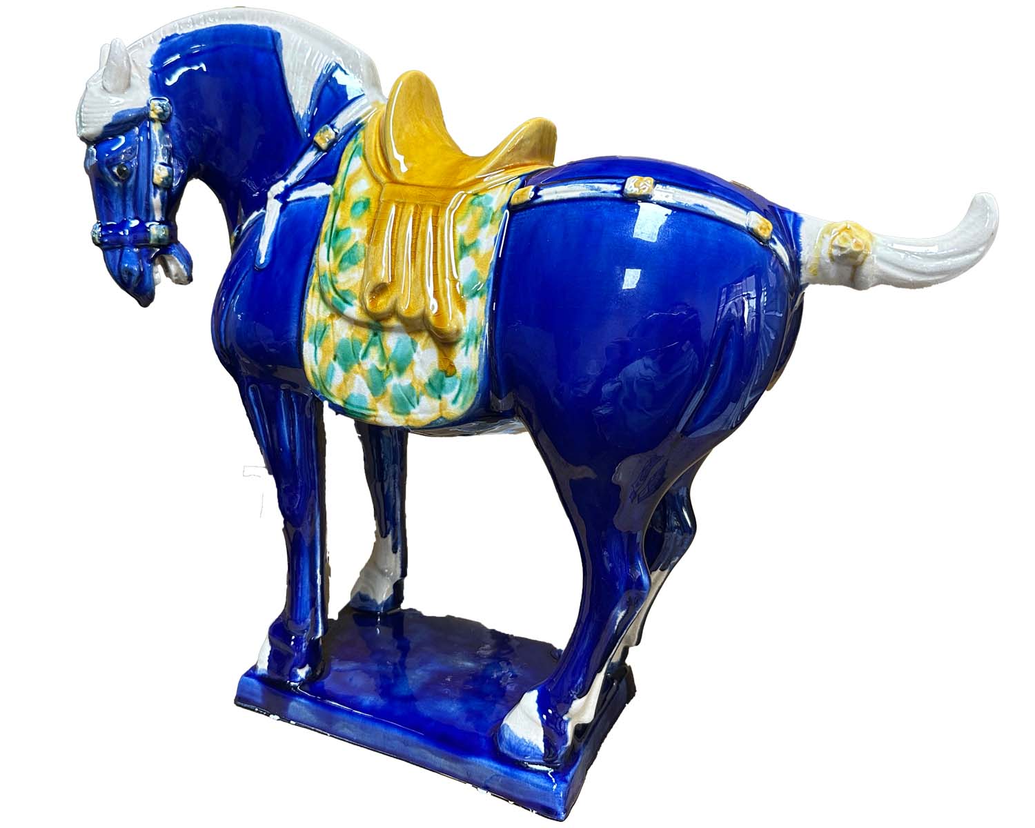 Large Tang Dynasty Tangsancai Glazed Ceramic Horse Statue Blue 15in 3