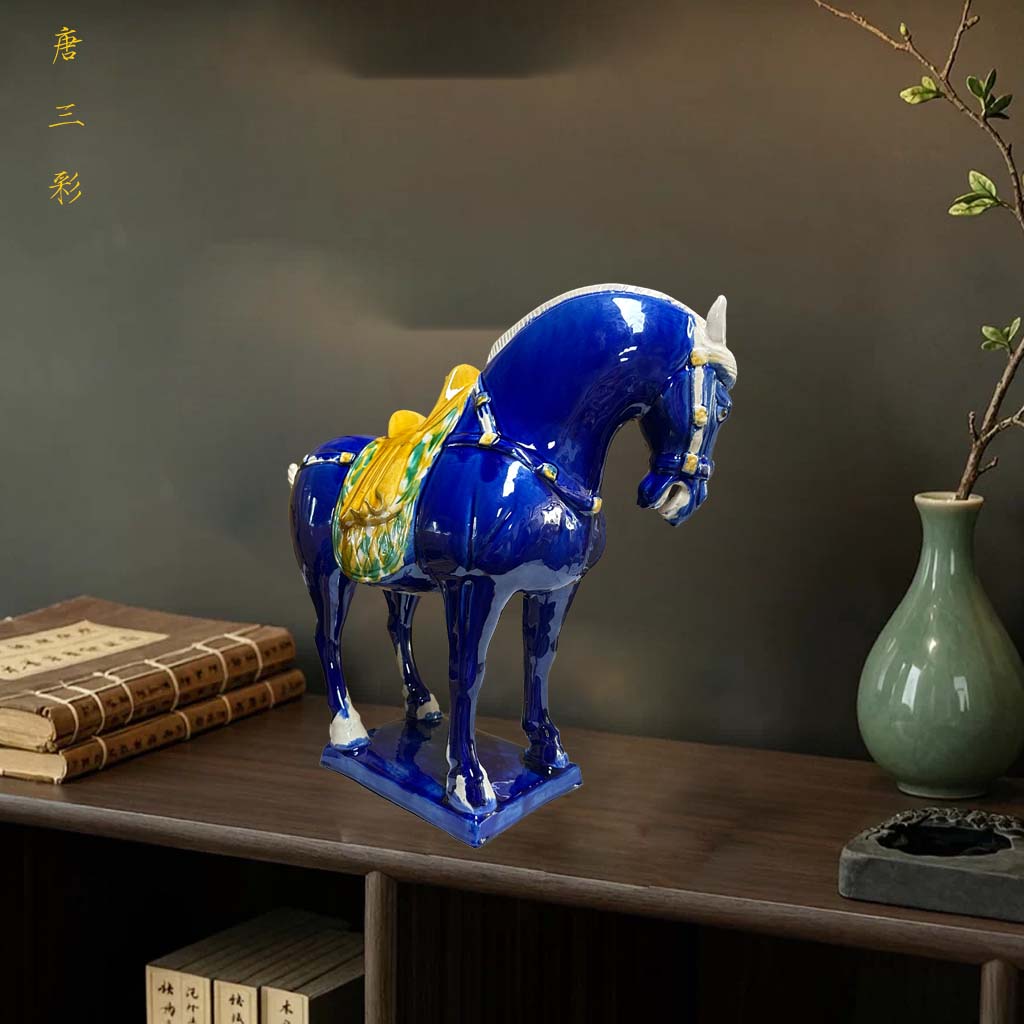 Large Tang Dynasty Tangsancai Glazed Ceramic Horse Statue Blue 15in 4