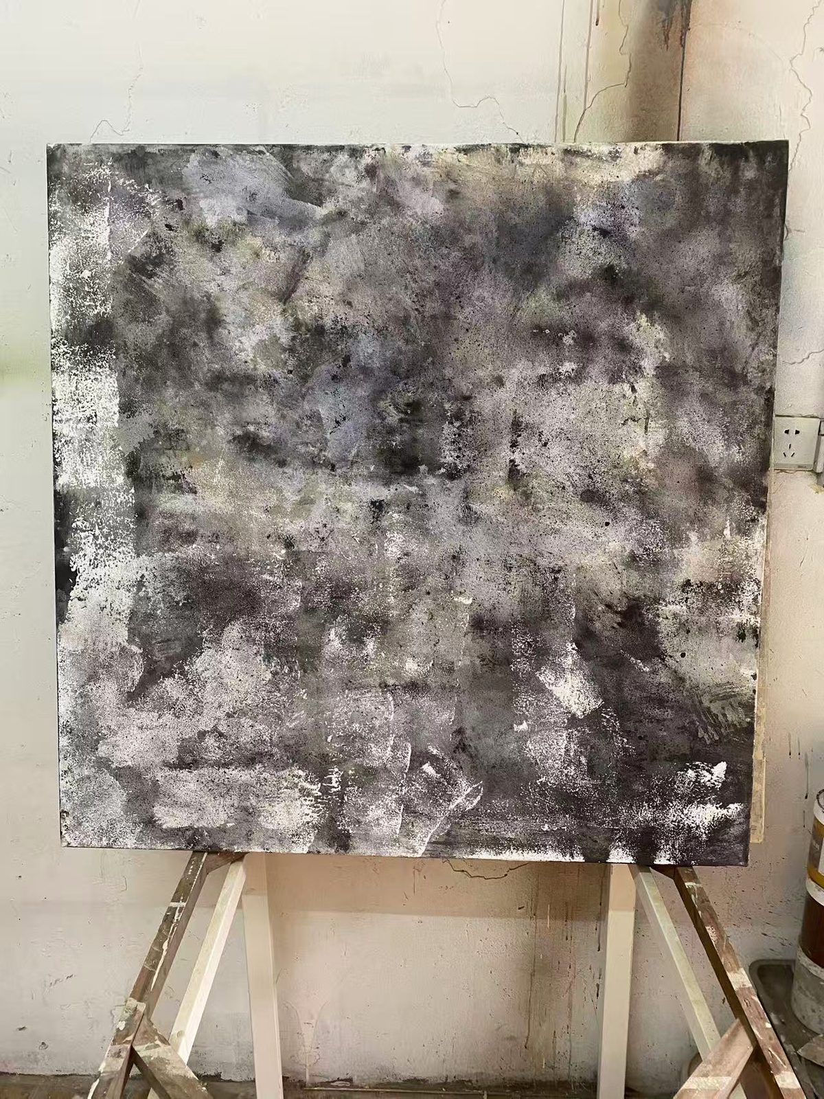 Charcoal Bloom — Mineral pigment, marble dust and ash with mixed media on linen panel with silver leaf