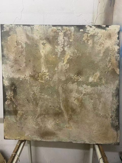Oxide Field — Mineral pigment, marble dust and ash with mixed media on linen panel