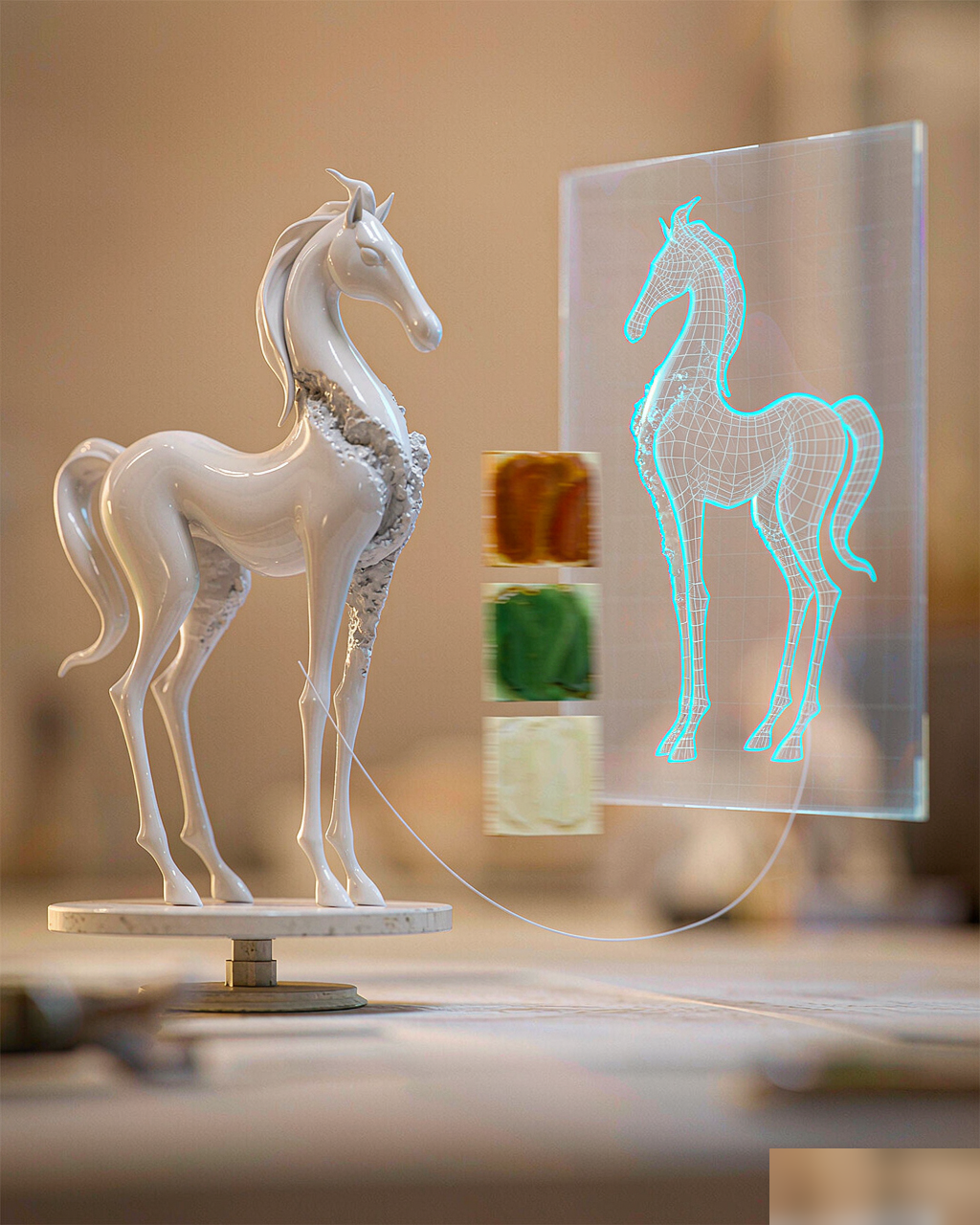 3D modeling preview of a ceramic horse with sancai glaze palette