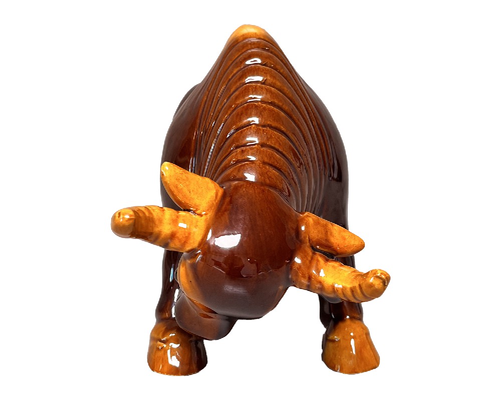 Decorative Ceramic Bull Figurine, Brown and Gold, Charging Pose, Home Decor